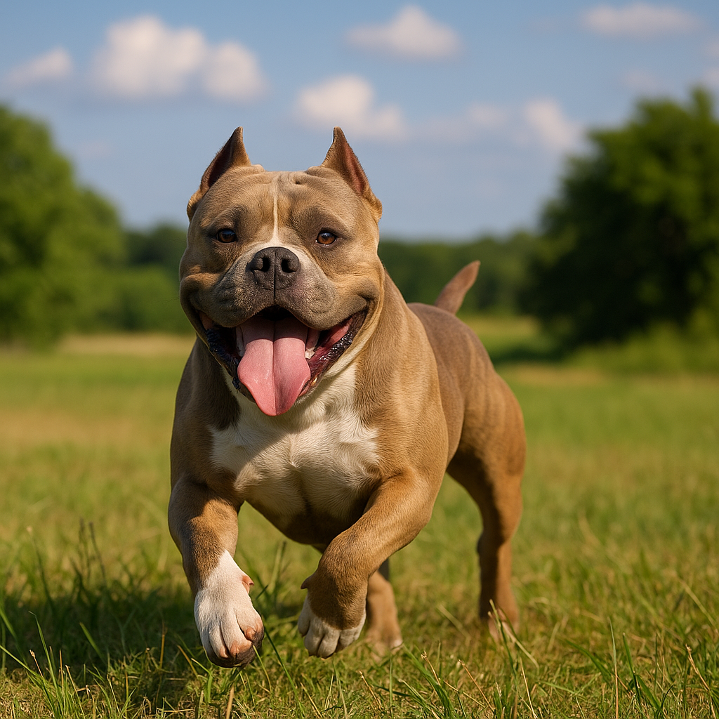 American Bully running through a sunny Texas field on a summer day, representing outdoor safety and hydration