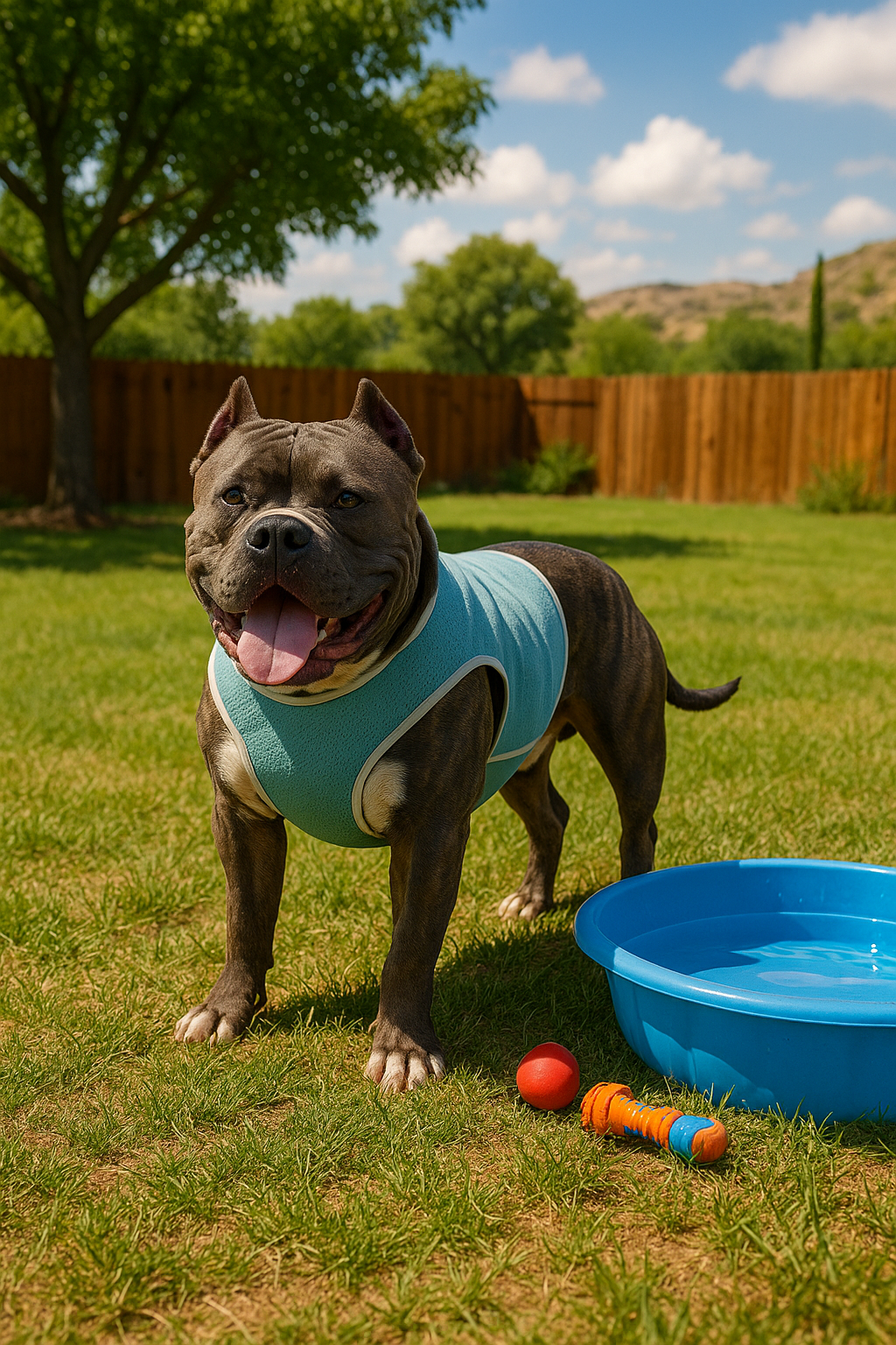 American Bully enjoying safe summer activities in a Texas park with a harness and shaded play area